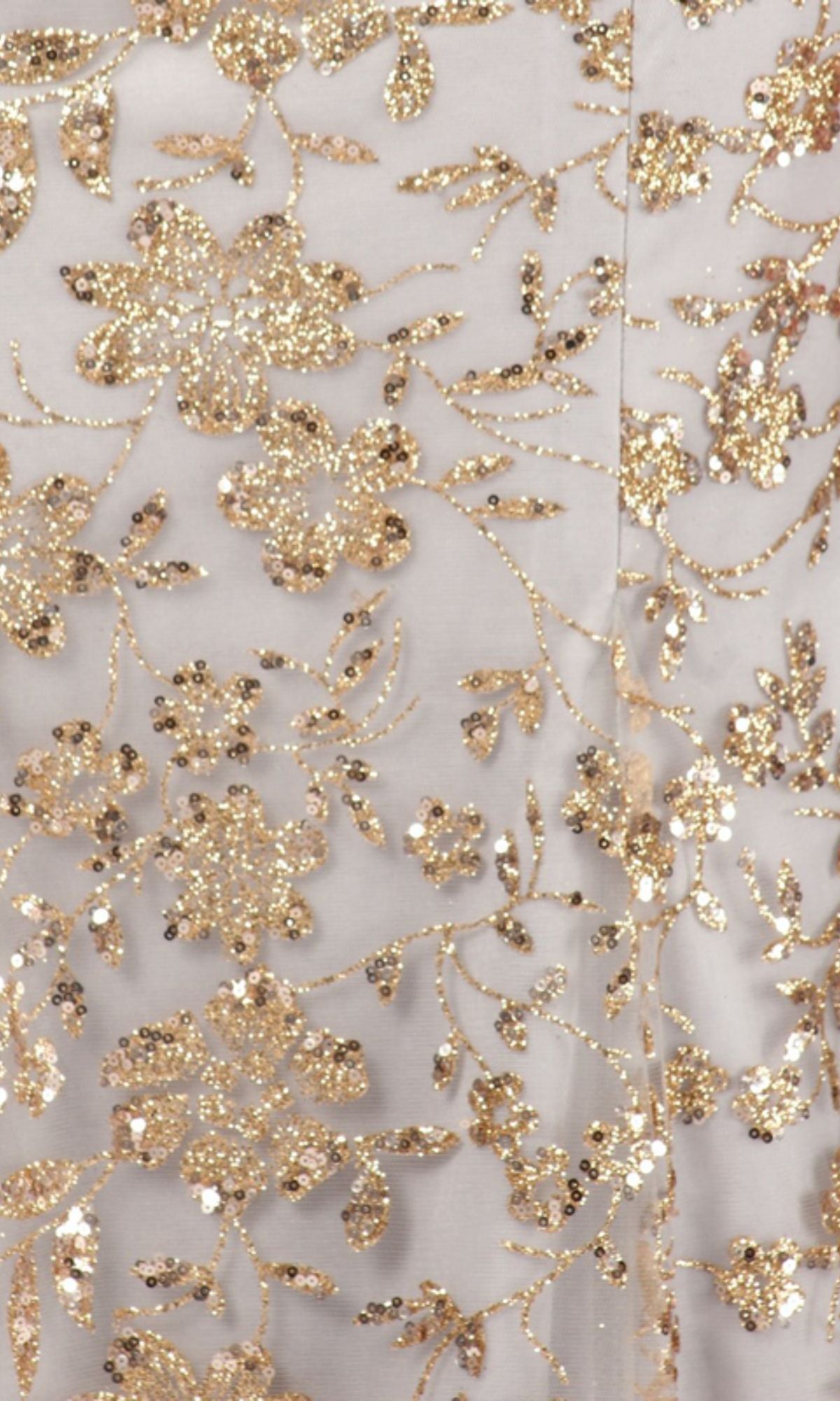 Close-up of the Sequin-Print Long Prom Dress: Eureka 9706 featuring an intricate gold sequin floral pattern on a light beige background—ideal for an elegant evening gown or formal occasion.